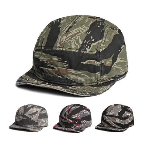 Berretto da Campeggio a 5 Pannelli Camouflage a Strisce di Tigre Unisex Regolabile Cotone Moda Outdoor Tesa Corta