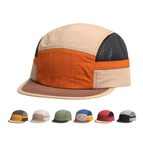 Five Panel Camper Hat Color Block Mesh Quick Dry Polyester Flat Brim Adjustable Outdoor Camping Cap For Men Women