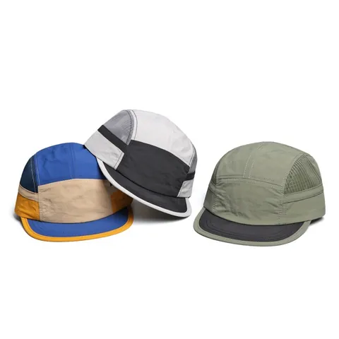 Five Panel Camper Hat Color Block Mesh Quick Dry Polyester Flat Brim Adjustable Outdoor Camping Cap For Men Women