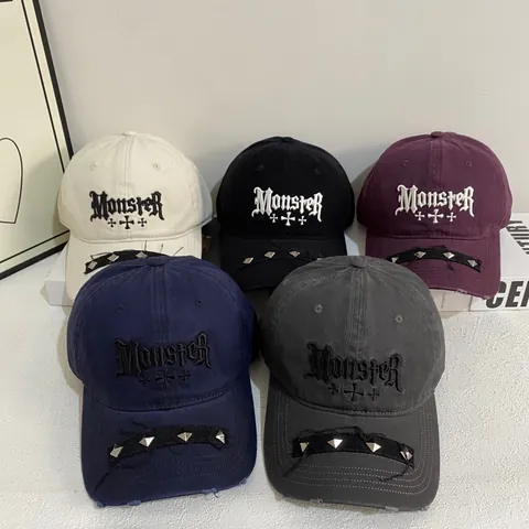 Gothic Letter Embroidery Distressed Baseball Cap With Rivets Punk Streetwear Hip Hop Cotton Duck Tongue Hat For Men Women