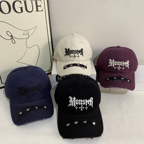 Gothic Letter Embroidery Distressed Baseball Cap With Rivets Punk Streetwear Hip Hop Cotton Duck Tongue Hat For Men Women