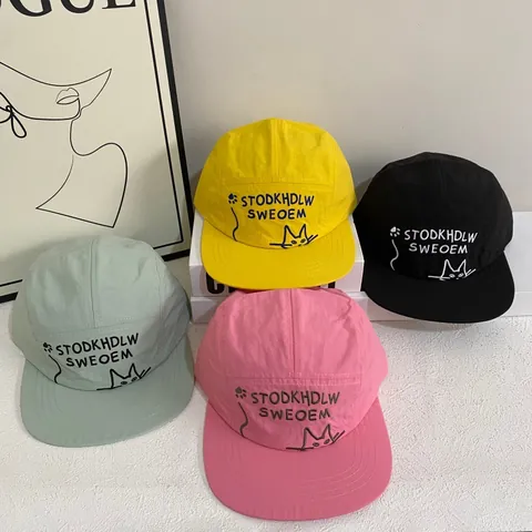 Cute Cat Embroidery Five Panel Baseball Cap For Women Flat Brim Quick Dry Adjustable Outdoor Street Style Summer Sun Hat