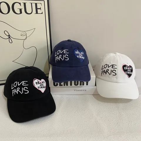 Gorra de Béisbol Unisex de Algodón Bordado LOVE PARIS Parche de Corazón Ajustable Moda Sombrero de Sol Visera Curva