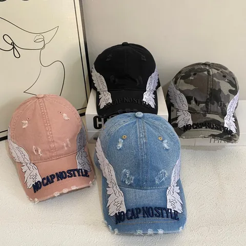 Casquette de Baseball Rétro Américaine Usée Broderie Ailes d'Ange Lettre NO CAP NO STYLE Denim Coton Chapeau Soleil Streetwear Homme Femme