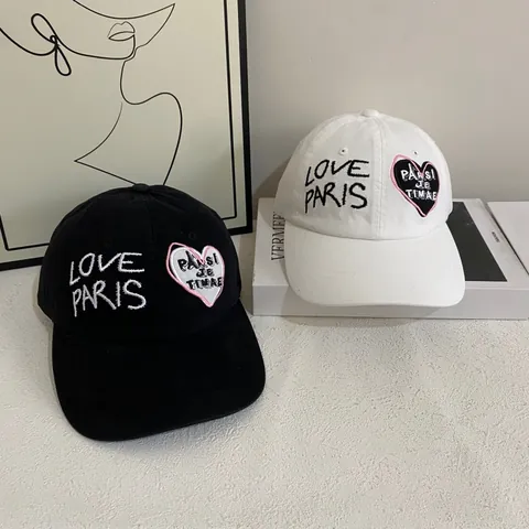 Gorra de Béisbol Unisex de Algodón Bordado LOVE PARIS Parche de Corazón Ajustable Moda Sombrero de Sol Visera Curva