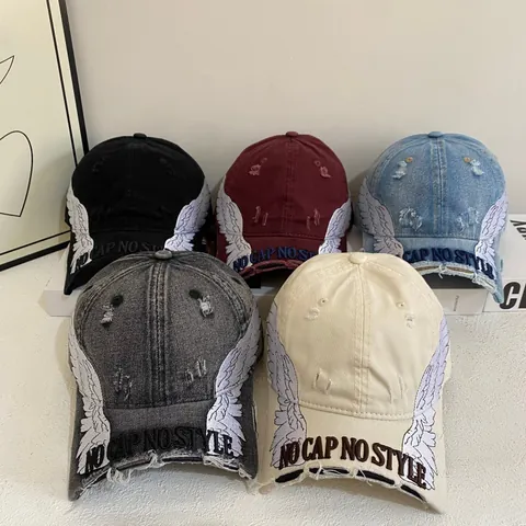 Unisex Distressed Baumwolle Denim Baseballkappe Mit Flügel Stickerei No Cap No Style Buchstabe Druck Verstellbar Streetwear Hut