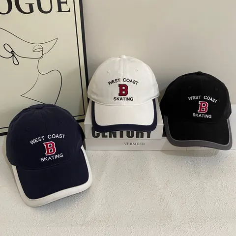 Berretto da Baseball Vintage Americano con Ricamo Lettera B Contrasto Unisex Cotone Protezione Solare Casual Regolabile