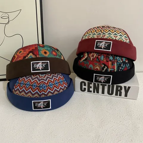 Gorro Docker Retro de Algodón Jacquard Étnico Sombrero de Marinero Sin Ala para Hombre Mujer Streetwear Moda Ajustable