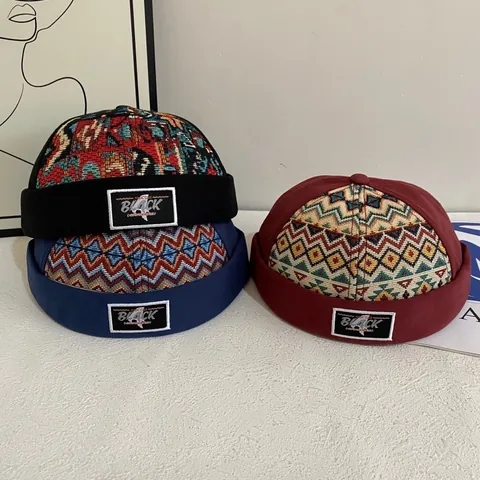 Gorro Docker Retro de Algodón Jacquard Étnico Sombrero de Marinero Sin Ala para Hombre Mujer Streetwear Moda Ajustable