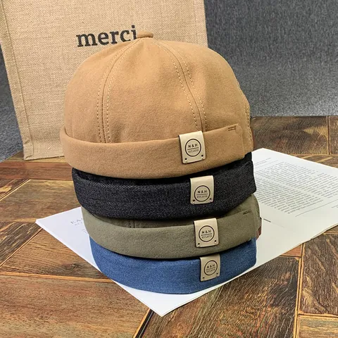 Bonnet Docker Vintage en Coton Denim Sans Bord Melon Cap Retro Streetwear Réglable Skullcap Pour Hommes Femmes Chapeau Décontracté