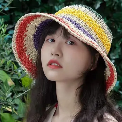Women Bohemian Handmade Crochet Paper Straw Hat Foldable Wide Brim Multicolor Striped Sunshade Beach Fisherman Hat Outdoor Summer Sun Hat