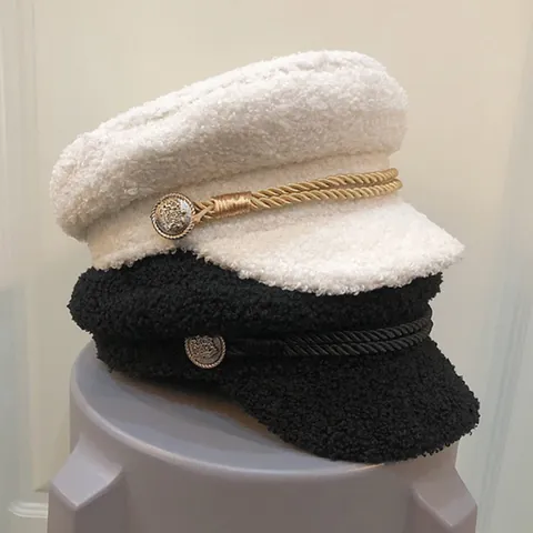 Women Vintage Lamb Velvet Newsboy Cap Thickened Warm Fiddler Hat With Twisted Rope Metal Button Winter Flat Top Peaked Cap