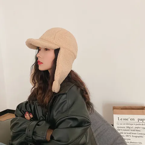 Gorro de Trampero de Lana de Cordero para Mujer Invierno Protección para Oídos Gorro de Aviador Cálido para Clima Frío