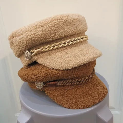 Women Vintage Lamb Velvet Newsboy Cap Thickened Warm Fiddler Hat With Twisted Rope Metal Button Winter Flat Top Peaked Cap