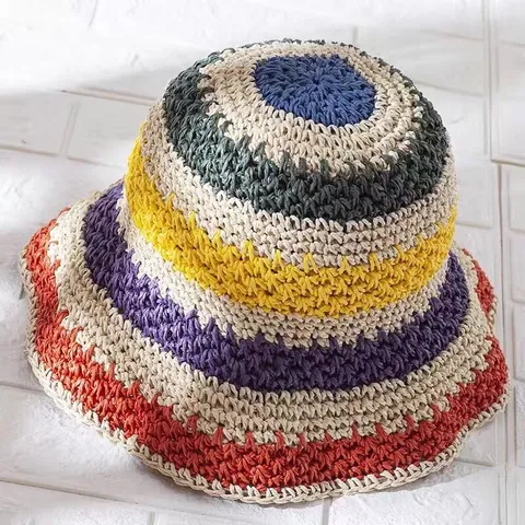 Women Hand-Woven Crochet Straw Bucket Hat Colorful Rainbow Striped Foldable Wide Brim Summer Beach Sun Hat