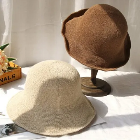 Women Japanese Style Knitted Cotton Linen Bucket Hat Foldable Wide Brim Sun Protection Hat Portable Fisherman Cap For Travel