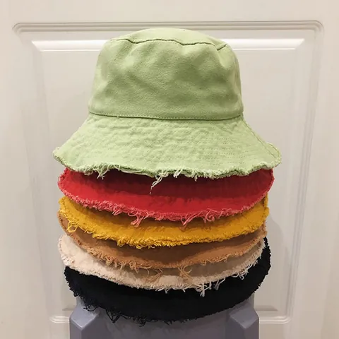 Frayed Edge Washed Cotton Bucket Hat For Men Women Retro Solid Color Raw Edge Sunshade Basin Hat Unisex Summer Beach Cap