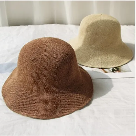 Women Japanese Style Knitted Cotton Linen Bucket Hat Foldable Wide Brim Sun Protection Hat Portable Fisherman Cap For Travel
