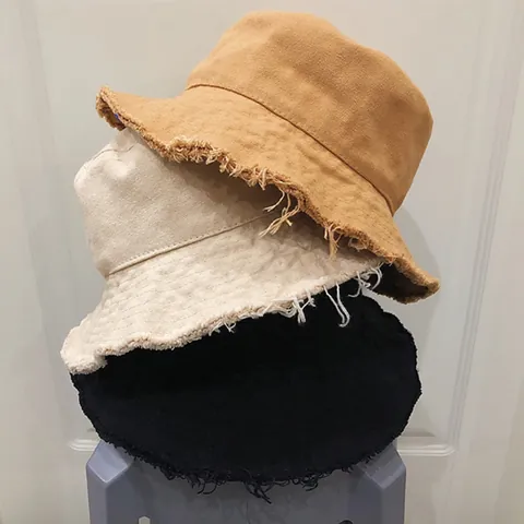 Frayed Edge Washed Cotton Bucket Hat For Men Women Retro Solid Color Raw Edge Sunshade Basin Hat Unisex Summer Beach Cap