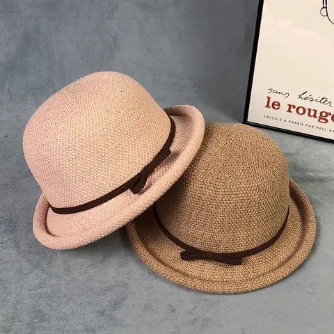 Women French Vintage Acrylic Woven Cloche Hat With Bow Ribbon Rolled Brim Sun Protection Fisherman Hat For Summer Beach Travel