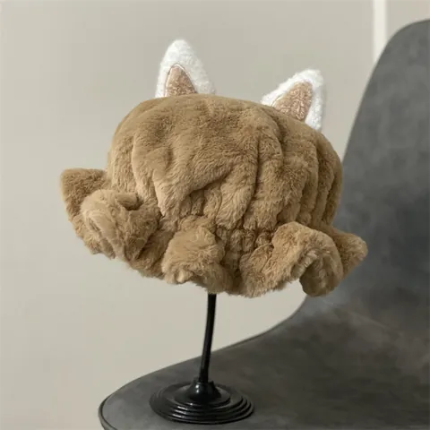 Women Cute Plush Bucket Hat With Animal Ears Winter Warm Thick Faux Fur Fisherman Hat Soft Fuzzy Beanie Hat For Ladies