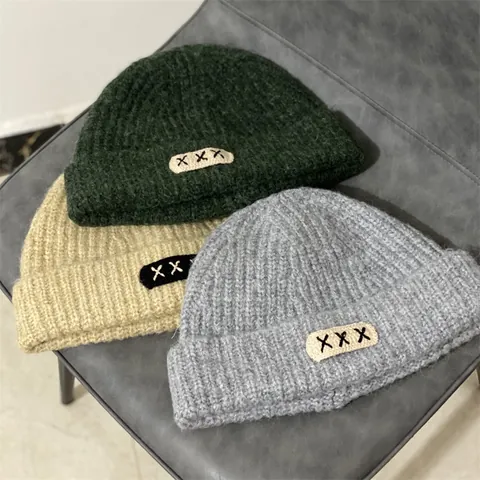 Women Winter Warm Chunky Knit Beanie Slouchy Solid Color Hat With XXX Embroidery Patch Cold Weather Outdoor Accessory