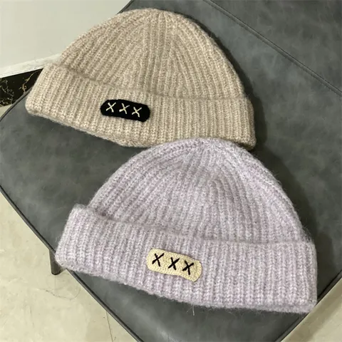 Women Winter Warm Chunky Knit Beanie Slouchy Solid Color Hat With XXX Embroidery Patch Cold Weather Outdoor Accessory