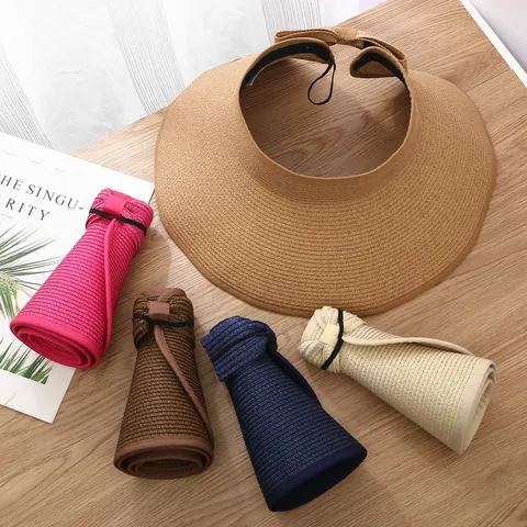 Faltbarer Damen Stroh Sonnenhut Breite Krempe Oben Offen UV-Schutz Strandkappe Mit Schleife Sommer Reise Packbarer Sonnenschutz