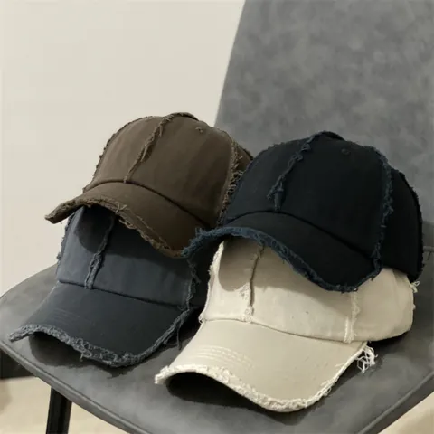 Berretto da Baseball in Cotone Vintage Invecchiato Bordi Sfrangiati Lavato Fori Cupola Morbida Cappello Parasole Regolabile