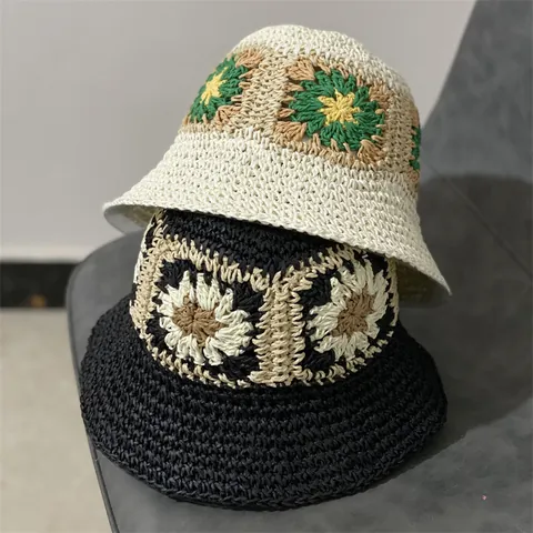 Handmade Crochet Flower Paper Straw Bucket Hat For Women Japanese Style Foldable Sun Protection Summer Beach Straw Hat