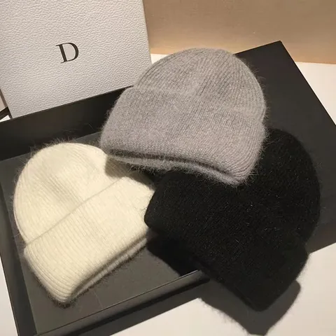 Berretto in Maglia di Pelo di Coniglio da Donna Invernale Caldo con Risvolto a Costine Morbido Peluche Cappello Slouchy Tinta Unita Accessorio Versatile per il Freddo