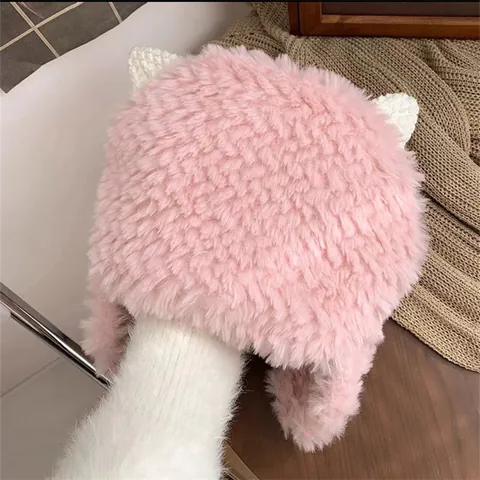 Gorro de Peluche de Invierno para Mujer con Orejeras Cuerno de Cordero Estilo Coreano Grueso Cálido Cortavientos Gorro Aviador