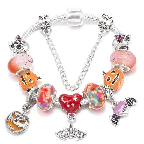 Halloween Alloy DIY Charm Bracelet With Pumpkin Skull Bat Heart Enamel Charms Glass Beads Silver Tone Festive Party Jewelry