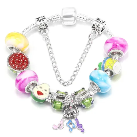 DIY Charm Bracelet With Colorful Glass Beads Enamel Fruit Music Note Pendants Alloy Snake Chain Bracelet Jewelry Gift