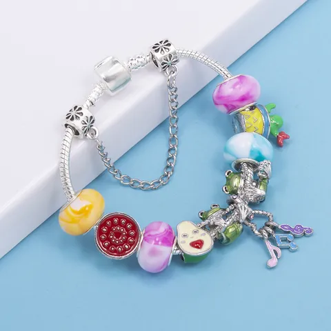 DIY Charm Bracelet With Colorful Glass Beads Enamel Fruit Music Note Pendants Alloy Snake Chain Bracelet Jewelry Gift