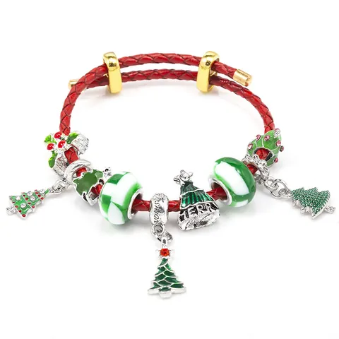 Christmas Red Braided Synthetic Leather Bracelet Adjustable Alloy Enamel Santa Claus Tree Charm Bracelet For Women Jewelry