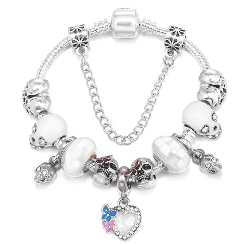 Halloween Leuchtend Totenkopf Herz Schmetterling Charm Armband Legierung Versilbert Strass Europäischer Stil Schmuck Für Damen