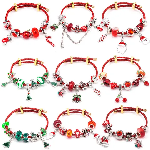 Christmas Red Braided Synthetic Leather Bracelet Adjustable Alloy Enamel Santa Claus Tree Charm Bracelet For Women Jewelry