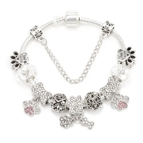 Legering Strass Huisdier Thema Charm Armband Voor Dames Hondepoot Bot Hart Hanger Slangenketting Mode Sieraden Cadeau
