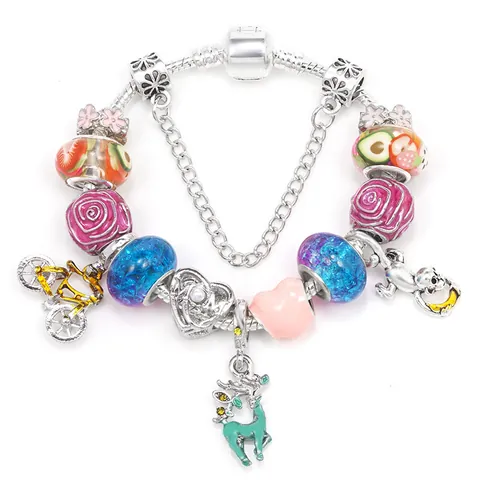 Pulsera de Charms DIY para Mujer Niños Cadena de Serpiente Plateada Dibujos Animados Animal Fruta Corazón Joyería Regalo
