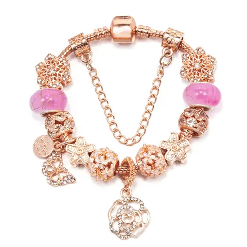 Elegantes Roségold Legierung Perlen Armband Mit Herz Schmetterling Rose Anhänger Lila Rosa Glasperlen Modeschmuck Damen
