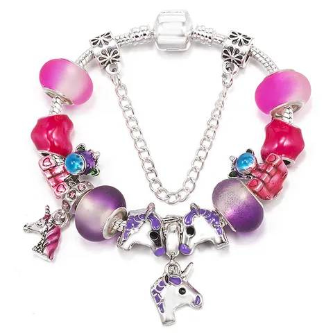 Pulsera Charm DIY Para Mujeres Niñas Aleación Unicornio Corazón Esmalte Cuentas Joyería Cadena Serpiente Rosa Púrpura Regalo De Ensueño
