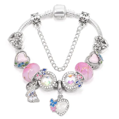 Pulsera de Amuletos de Cuentas DIY para Mujer Cadena de Serpiente Plata Corazón Mariposa Esmalte Colgante Joyería Regalo