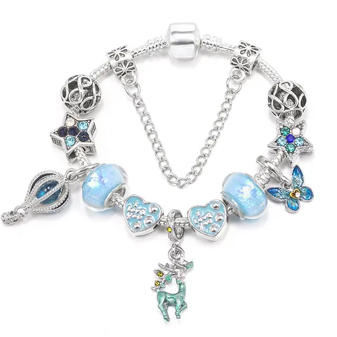 DIY Charm Bracelet With Reindeer Pendant Blue Glass Beads Heart Star Charms Snake Chain Bracelet For Women Christmas Gift
