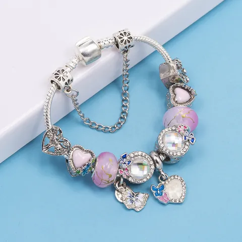 Pulsera de Amuletos de Cuentas DIY para Mujer Cadena de Serpiente Plata Corazón Mariposa Esmalte Colgante Joyería Regalo