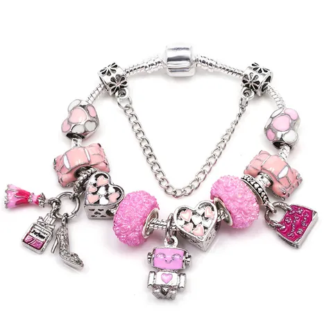 Fashion DIY Beaded Charm Bracelet For Women Girls Alloy Pink Enamel Heart Handbag Perfume Bottle Pendant Snake Bone Chain Jewelry Gift