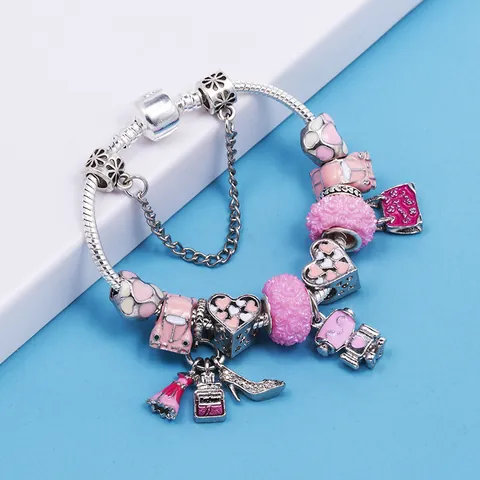 Fashion DIY Beaded Charm Bracelet For Women Girls Alloy Pink Enamel Heart Handbag Perfume Bottle Pendant Snake Bone Chain Jewelry Gift