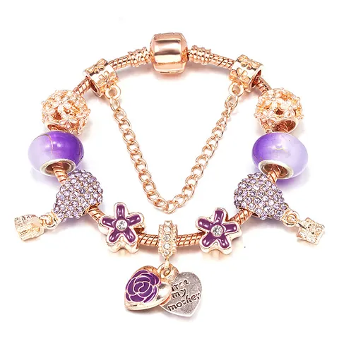 Charm Armband Für Damen Roségold Lila Glasperlen Emaille Blumen Herzanhänger Schlangenkette Schmuck Geschenk