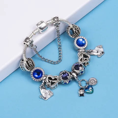 Europäischer Stil Perlen Charme Armband Legierung Blau Strass Herz Anhänger Schlangenkette Mode Schmuck Geschenk Für Damen