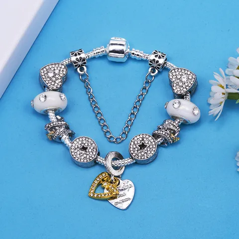 Fashion Alloy Silver Plated Beaded Charm Bracelet For Women With Rhinestone Heart Star Floral Pendants And Safety Chain